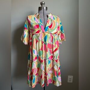 Blue B. Babydoll tiered Colorful floral retro Patterned Dress summer beach